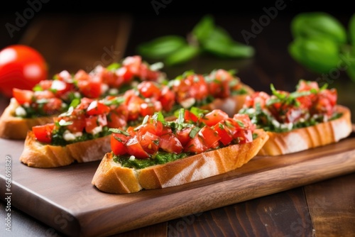freshly made bruschetta with mint topping arranged in a row