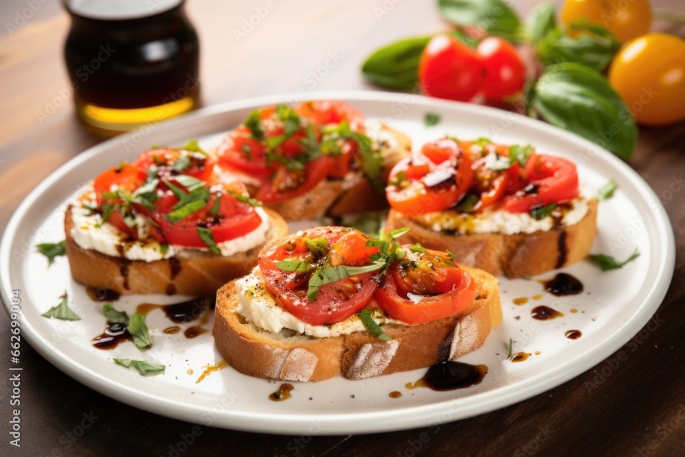photo of freshly baked goat cheese bruschetta with olive oil drizzle