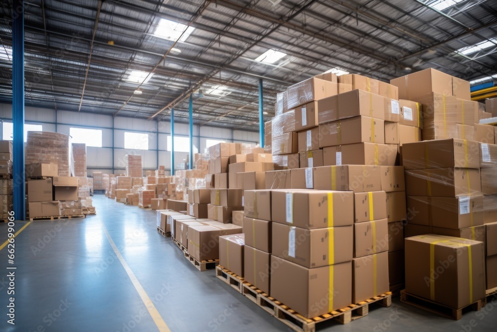 parcels piled up high at a global logistics warehouse - obrazy, fototapety, plakaty 