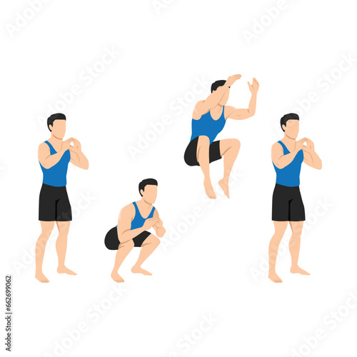 Man doing Squat tuck jump exercise. Flat vector illustration isolated on white background