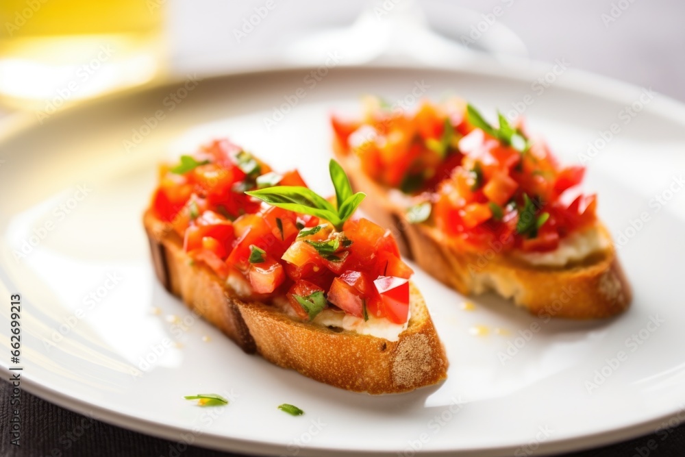 brightly lit bruschetta with lemon zest on a plain white plate brightly lit bruschetta with lemon zest on a plain white plate