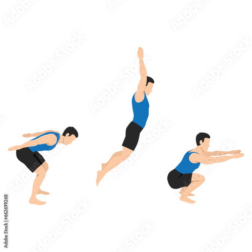 Man doing exercise in standing long jumping postures. Illustration about step by step of fitness pose for good exercise. Flat vector illustration isolated on white background