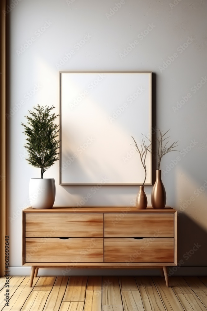 Fototapeta premium Interior design of modern living room and wooden cabinet with empty blank mock up poster frame.