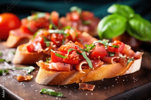 prosciutto bruschetta topped with diced tomatoes and basil