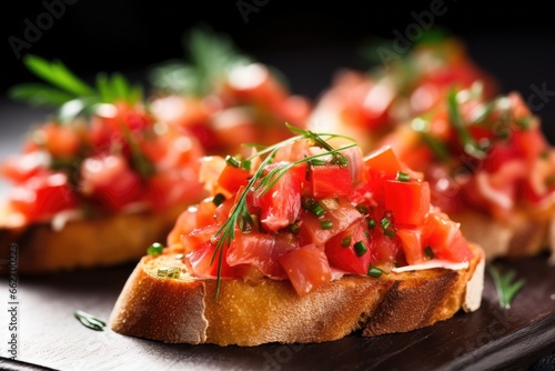 close-up of bruschetta with smoked cheese under natural light