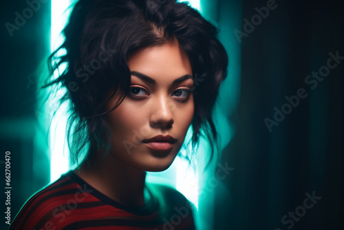 A portrait of a beautiful multi-raced woman lit by neon lights in a studio