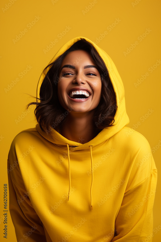 Beautiful modern laughing Indian woman in a yellow hoodie on a bright yellow background Beautiful modern laughing Indian woman in a yellow hoodie on a bright yellow background