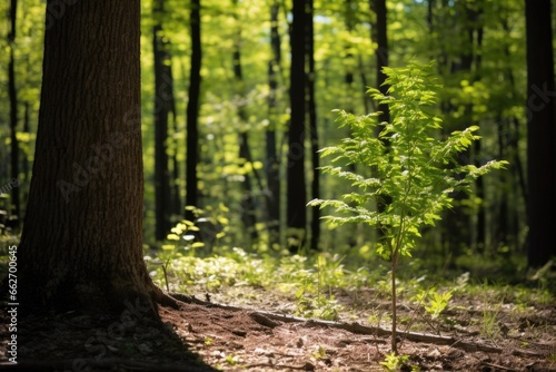 a small tree overshadowed by tall trees