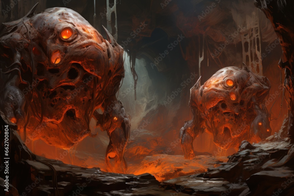 Ferocious lava golems, born from volcanic eruptions, with molten rock bodies - Generative AI - obrazy, fototapety, plakaty 