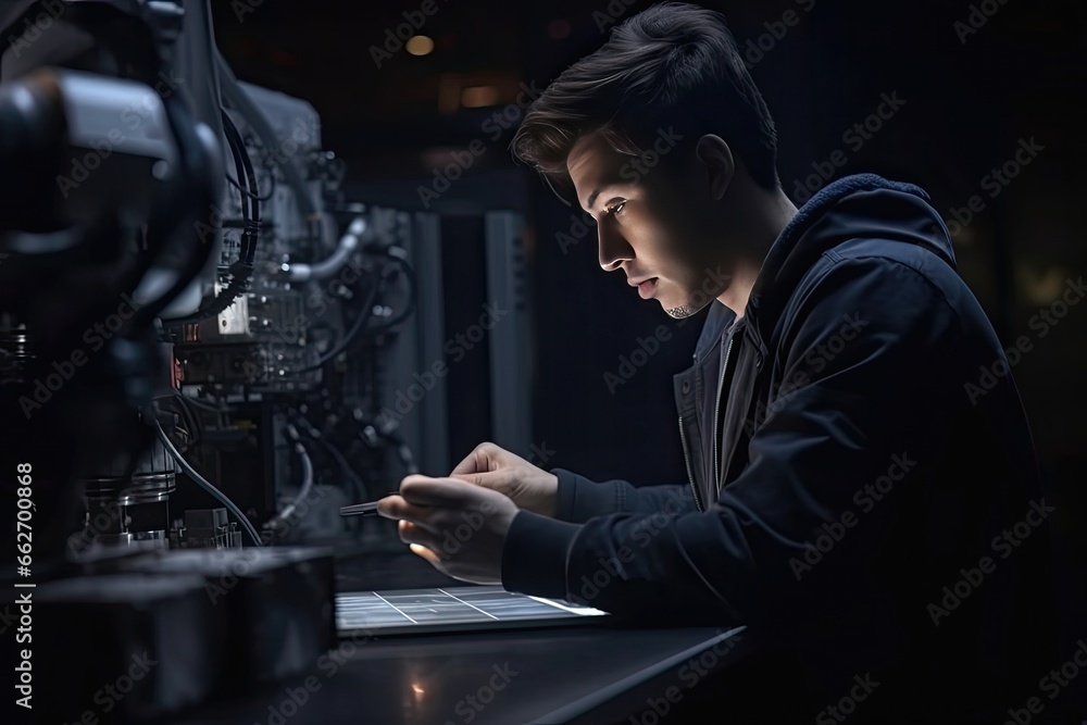 industrial engineer generated with AI working with a precision motor, is correcting failures in the machinery system industrial engineer generated with AI working with a precision motor, is correcting failures in the machinery system
