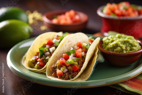 mexican taco with guacamole and salsa on a plate