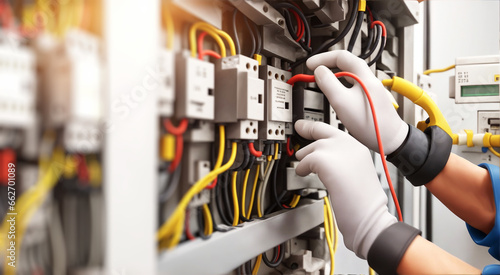 Comprehensive electrical safety maintenance and testing by skilled repairman. Technician inspecting voltage and circuit connections at the main power distribution board photo