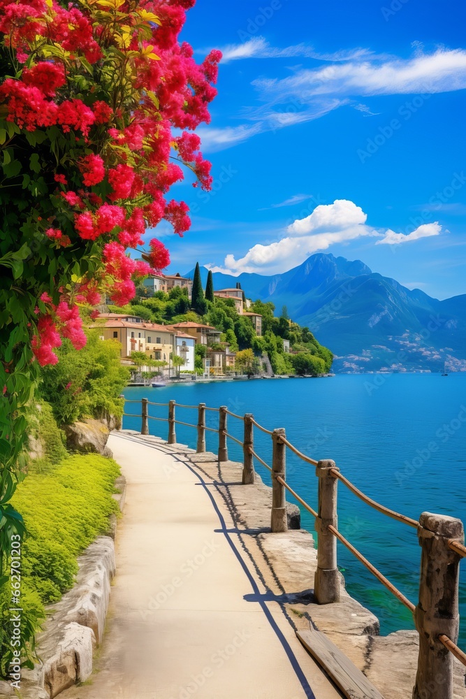 A beautiful image como lake italian style sunny sum. Generative AI.