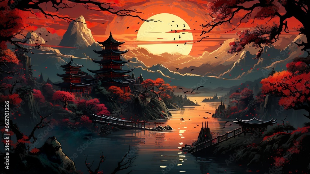 Japanese pagoda with bird and water view , Generative Al
