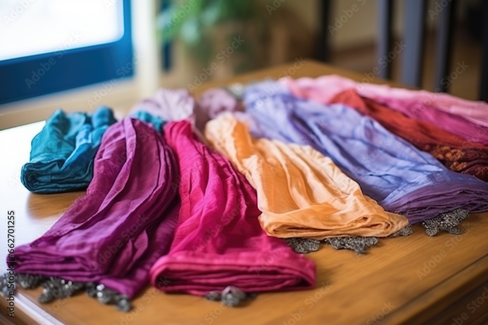 oriental belly dance scarfs arranged on table