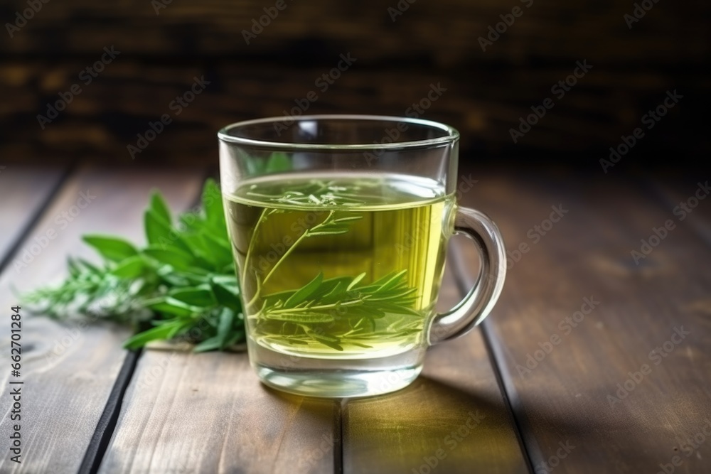 green herbal tea in a transparent cup on a wooden table