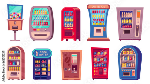 Vending machine. Cartoon snack and cold beverage vending machine, sweet candy and cold drink vending equipment, convenient food concept. Vector isolated set.