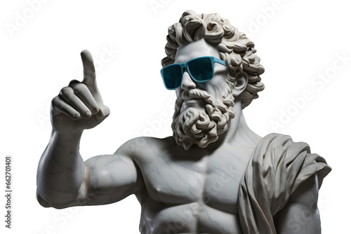 Sculpture of a Greek man in sunglasses pointing finger at your advertisement, male statue in Greek style isolated on a transparent background