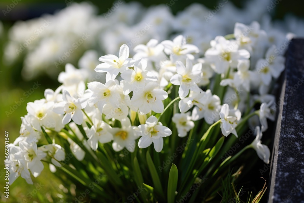 white flowers on a graveyard headstone white flowers on a graveyard headstone