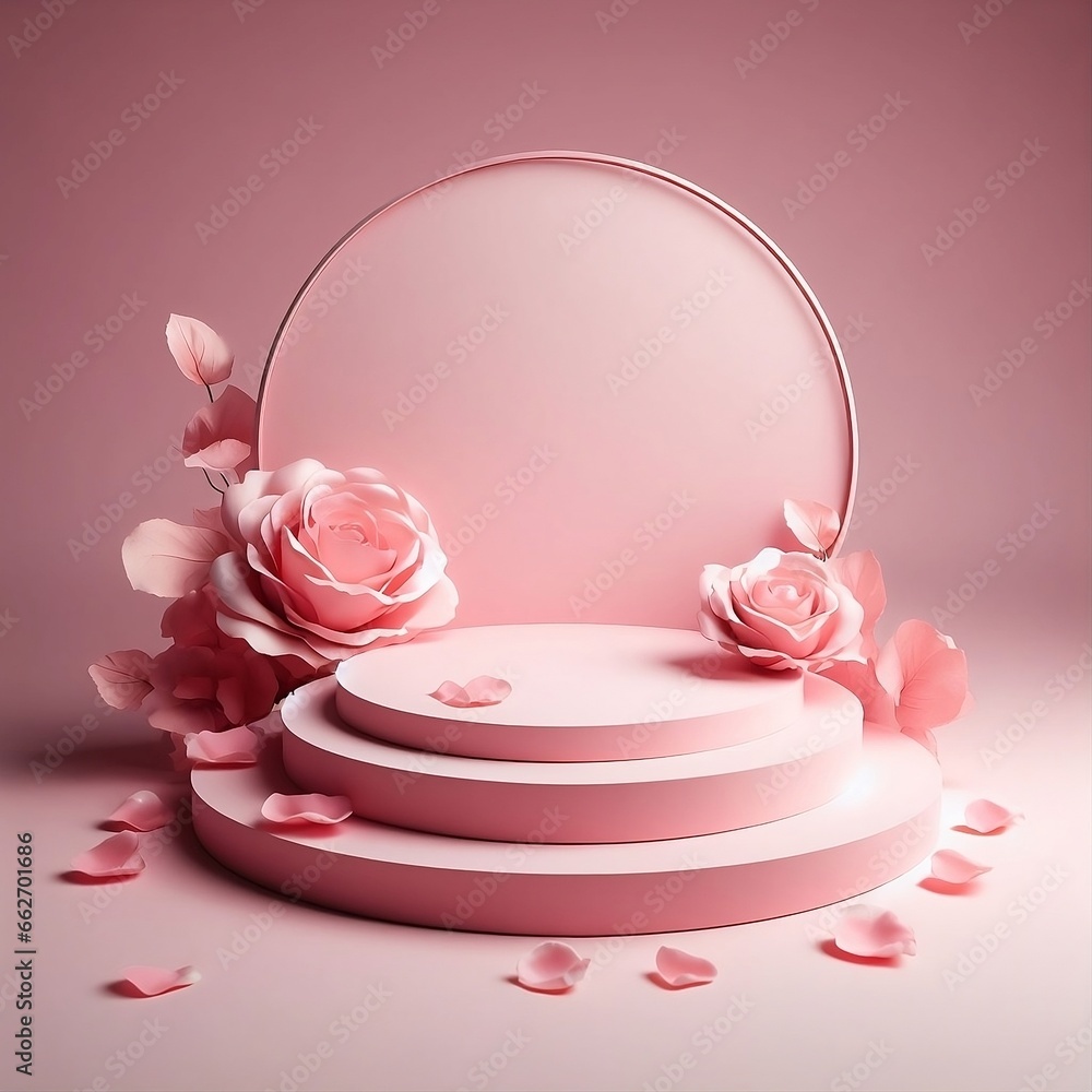 Pink podium with rose petals on pink background. High-quality photo Ai Generative Pink podium with rose petals on pink background. High-quality photo Ai Generative