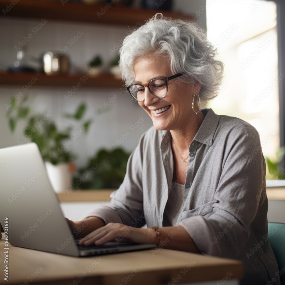 Smiling modern mature 60s Caucasian woman in earphones look at laptop screen watch webinar online at home. Happy senior grey-haired female have fun study on internet. Elderly technology concept. Smiling modern mature 60s Caucasian woman in earphones look at laptop screen watch webinar online at home. Happy senior grey-haired female have fun study on internet. Elderly technology concept.