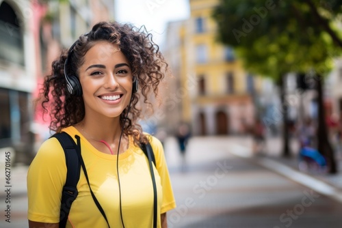 Young beautiful hispanic woman listening to music in the city © Danko