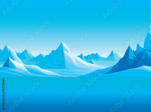 Vector illustration of realistic cartoon-style winter Arctic nature with icy icebergs and snowy mountain hills. EPS-10