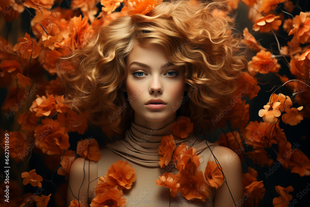Beautiful woman portrait with vibrant hues of autumn leaves in her hair, capturing the essence of seasonal grace and natural beauty. Ai generated Beautiful woman portrait with vibrant hues of autumn leaves in her hair, capturing the essence of seasonal grace and natural beauty. Ai generated