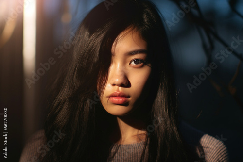 A portrait of a young Asian woman while half of her face is lit by the sun and the other half is in the shadow