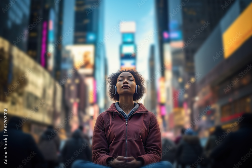 mujer meditando en la calle entre rascacielos de una gran ciudad