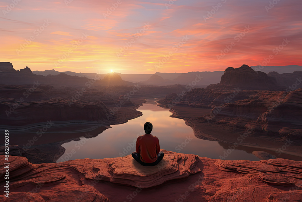 hombre sentado meditando en posición de yoga sobre piedra en la cima de una montaña al  atardecer sobre rio y montañas - obrazy, fototapety, plakaty 