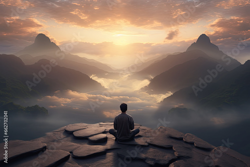 hombre de espaldas sentado meditando en posición de loto de yoga sobre piedra en la cima de una montaña al atardecer sobre picos y nubes. Concepto salud mental, vacaciones