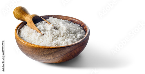 Bild auf Leinwand Sea salt in wooden bowl with wooden scoop isolated on white