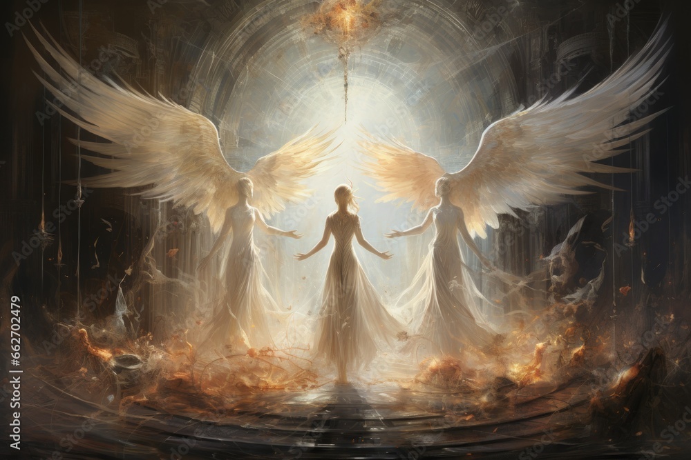 Celestial beings with wings of pure light and angelic voices ...