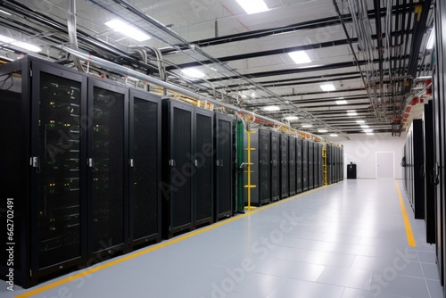wide shot of data center with rows of server racks