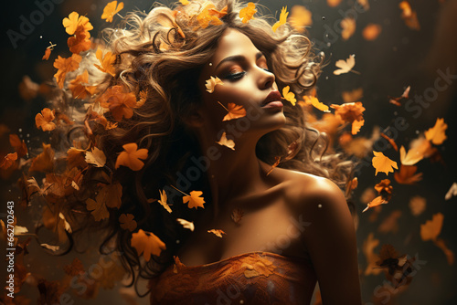 Beautiful woman portrait with vibrant hues of autumn leaves in her hair, capturing the essence of seasonal grace and natural beauty. Ai generated