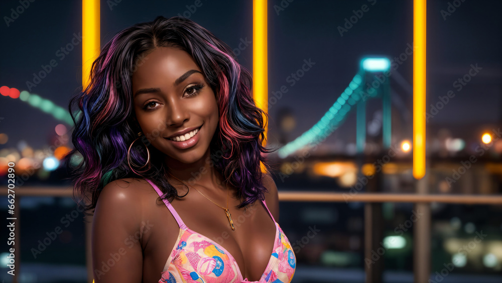 Naklejka premium Piękna czarnoskóra kobieta pozuje na tle bardzo nowoczesnego miasta. Kobieta w bogatym stroju bikini z pomalowani włosami i makijażem. Ilustracje w colorystyce Cyberpunk.