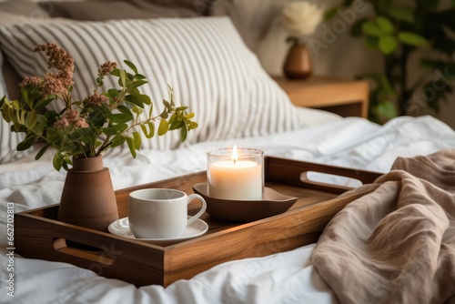 Wooden Tray With Coffee And Candles On Bed, Featuring White Bedding With Striped Blanket And Pillow © Anastasiia