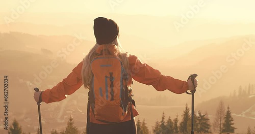 Woman hiker, hiking backpacker traveler camper walking on the top of mountain in sunny day under sun light. Beautiful mountain landscape view, nordic walking photo