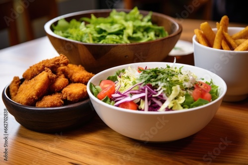bowl filled with fresh salad next to a plate of fried food
