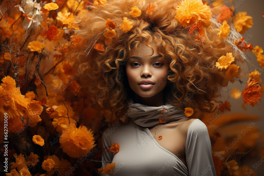 Beautiful woman portrait with vibrant hues of autumn leaves in her hair, capturing the essence of seasonal grace and natural beauty. Ai generated Beautiful woman portrait with vibrant hues of autumn leaves in her hair, capturing the essence of seasonal grace and natural beauty. Ai generated