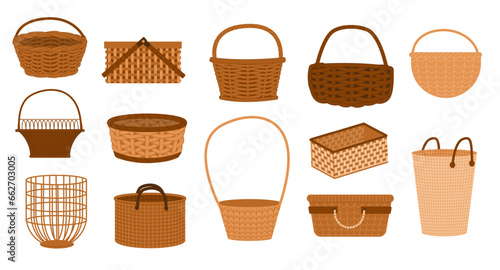 Wicker baskets. Handmade woven straw containers for grocery shopping, traditional rural picnic baskets for eco packaging. Vector set