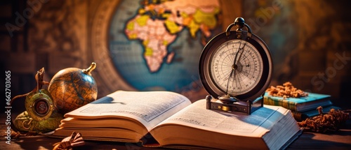 An open book with a map o the world. antique brass telescope and compass old times world map