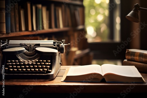 typewriter and a book on the table. cozy. warm. writer concept photo