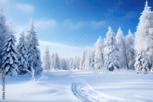 Idyllic Winter Christmas Landscape, Showcasing White Trees In Snowcovered Forest With Snowdrifts And Snowfall Against Blue Sky On Sunny Day, Creating Serene Atmosphere In Blue © Anastasiia