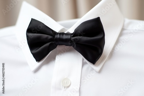 close-up of black bow tie on crisp white shirt
