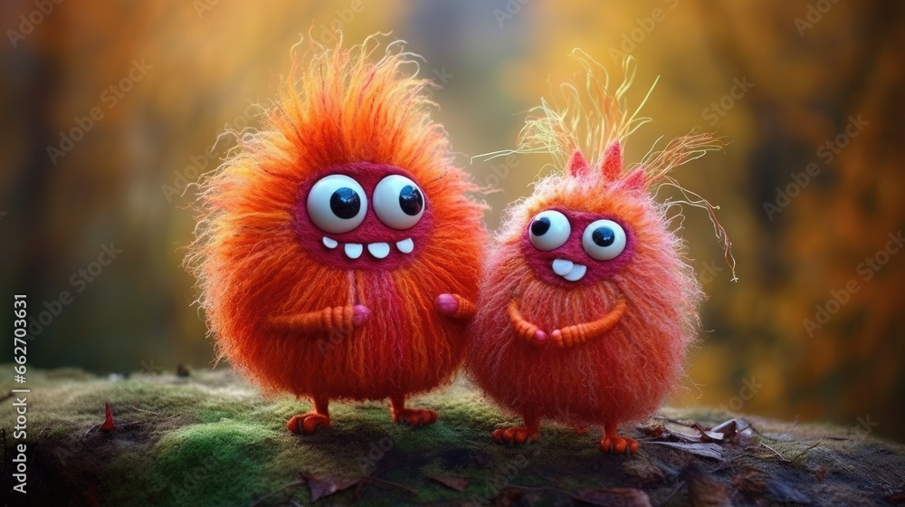 Super adorable orange autumn forest little cartoon like monsters made from colorful wool felt, this couple of oddball cutie pies are so in love, round and fluffy cute bodies with big googly eyes.