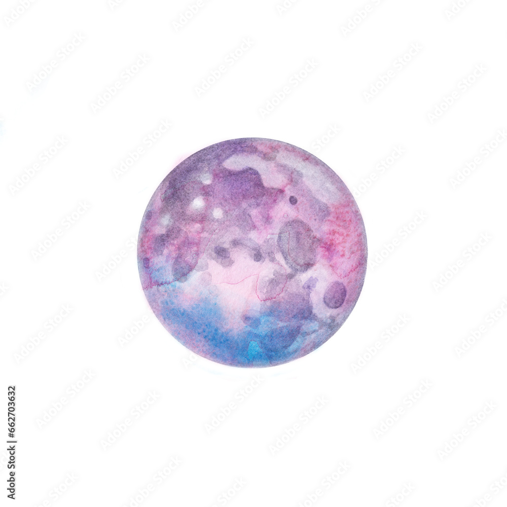 Watercolor pink and blue full moon isolated on white background. Watercolor pink and blue full moon isolated on white background.
