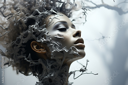 Female with empty tree branches sprouting from her head, symbolizing a metaphor for introspection and renewal during challenging times. Ai generated © twindesigner