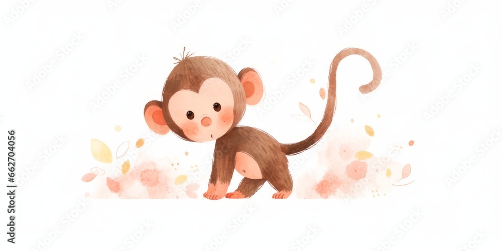 Fototapeta premium Cute kawaii baby monkey hand drawn watercolor illustration.